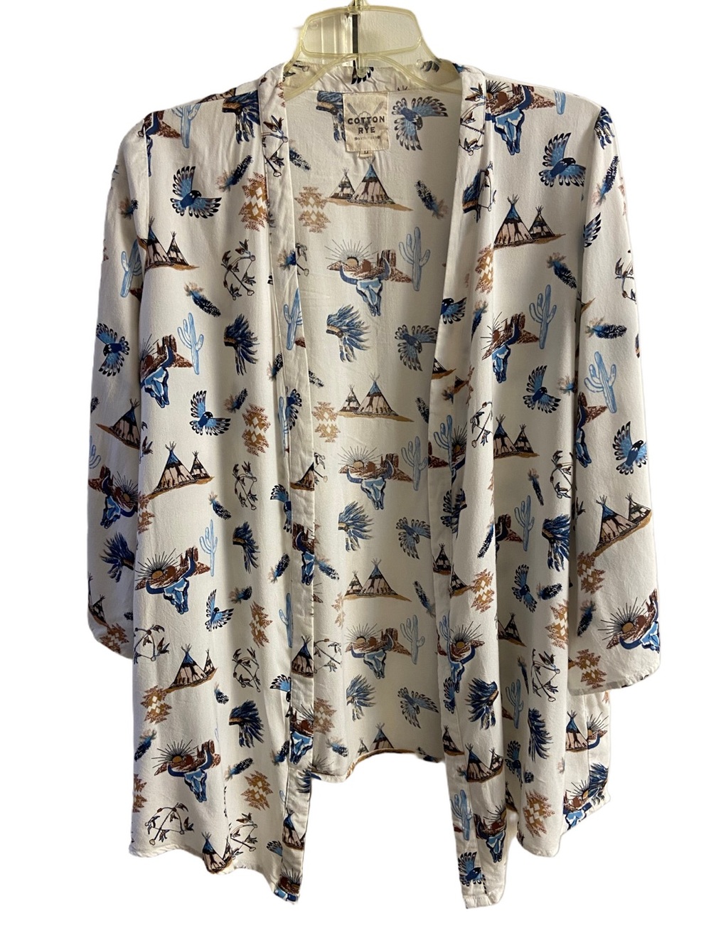 Cotton Rye Southwestern Print Open Front Kimono Cardigan Cover Up Medium